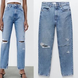 Zara Distressed High Waist Mom Fit Jeans